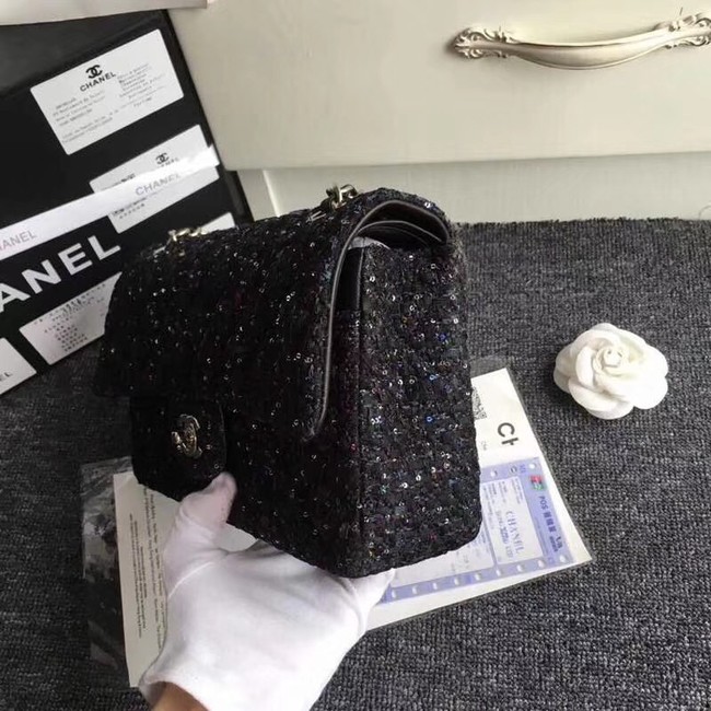 Chanel Classic Handbag Embroidered Tweed & Silver-Tone Metal A01112 Black