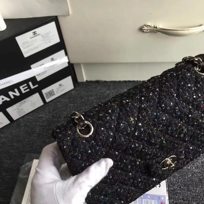 Chanel Classic Handbag Embroidered Tweed & Silver-Tone Metal A01112 Black