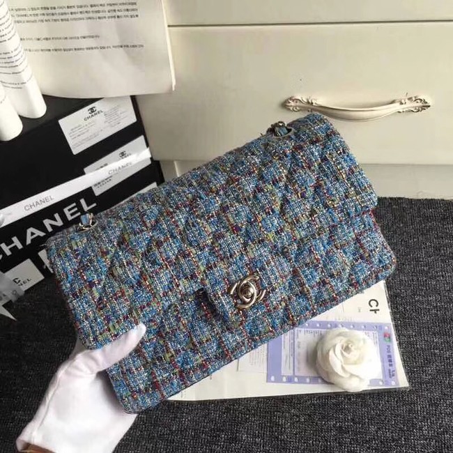 Chanel Classic Handbag Embroidered Tweed & Silver-Tone Metal A01112 blue