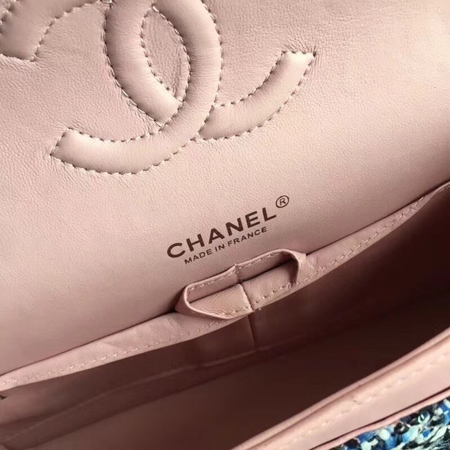 Chanel Classic Handbag Embroidered Tweed & Silver-Tone Metal A01112 gery pink