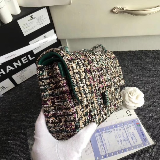 Chanel Classic Handbag Embroidered Tweed & Silver-Tone Metal A01112 green