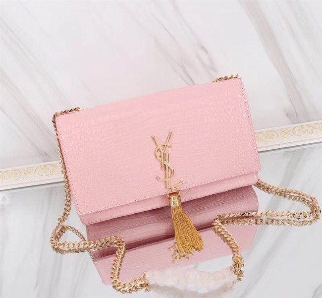 SAINT LAURENT Kate monogram medium crocodile-embossed leather shoulder bag A9288 pink