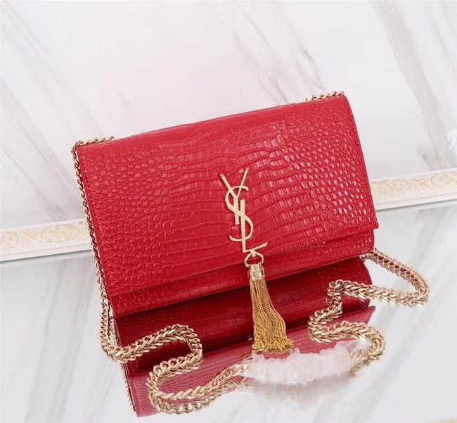 SAINT LAURENT Kate monogram medium crocodile-embossed leather shoulder bag A9288 red