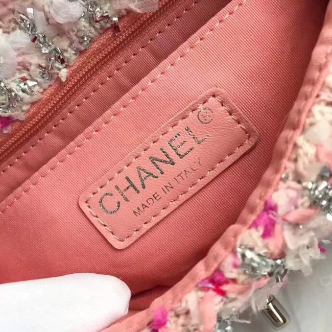 Chanel Classic Handbag Embroidered Tweed & Silver-Tone Metal A01116 pink