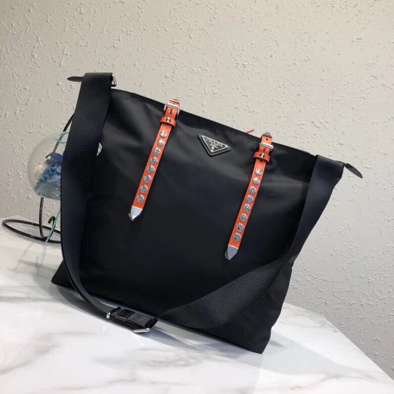 Prada Saffiano leather and nylon tote 1BG212 black&orange