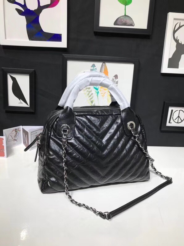 Chanel Bowling Bag Aged Calfskin & Silver-Tone Metal A57836 Black