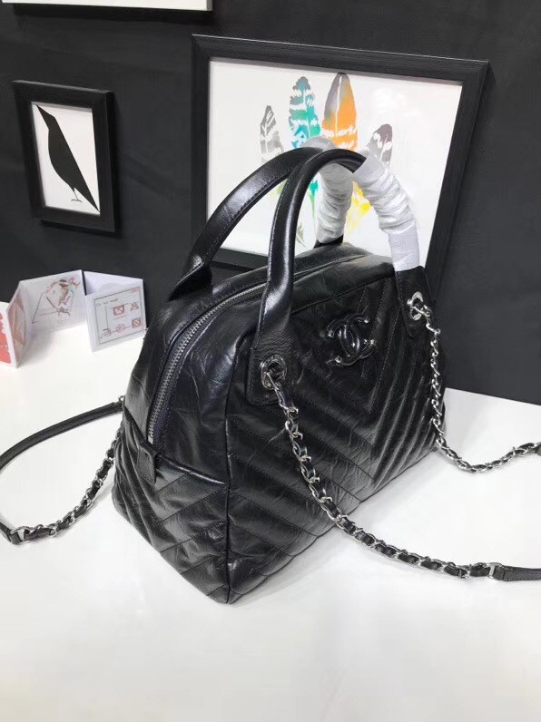 Chanel Bowling Bag Aged Calfskin & Silver-Tone Metal A57836 Black