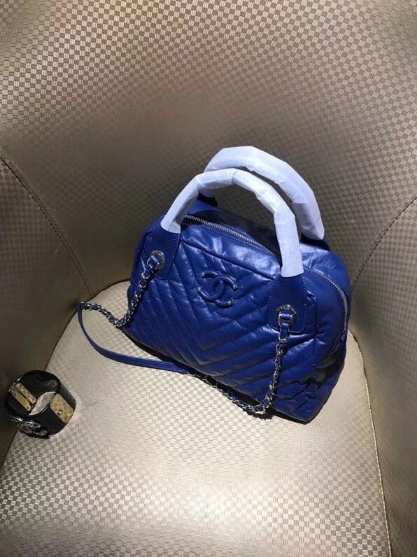 Chanel Bowling Bag Aged Calfskin & Silver-Tone Metal A57836 Blue