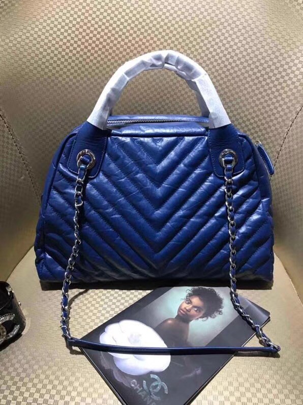 Chanel Bowling Bag Aged Calfskin & Silver-Tone Metal A57837 Blue