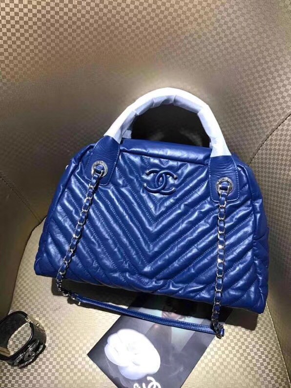 Chanel Bowling Bag Aged Calfskin & Silver-Tone Metal A57837 Blue