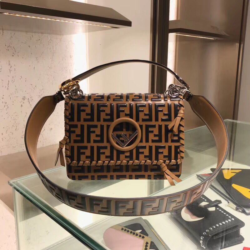 Fendi Calfskin Leather Flap Shoulder Bag 6885 brown