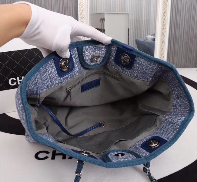 Chanel Canvas Shopping Bag Calfskin & Silver-Tone Metal A23556 blue
