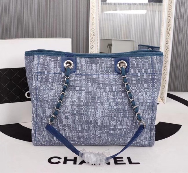 Chanel Canvas Shopping Bag Calfskin & Silver-Tone Metal A23556 blue