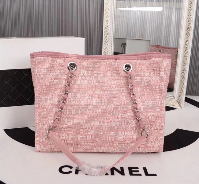 Chanel Canvas Shopping Bag Calfskin & Silver-Tone Metal A23556 pink