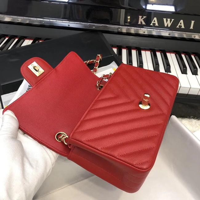 Chanel Small Classic Handbag Grained Calfskin & Gold-Tone Metal A69900 red