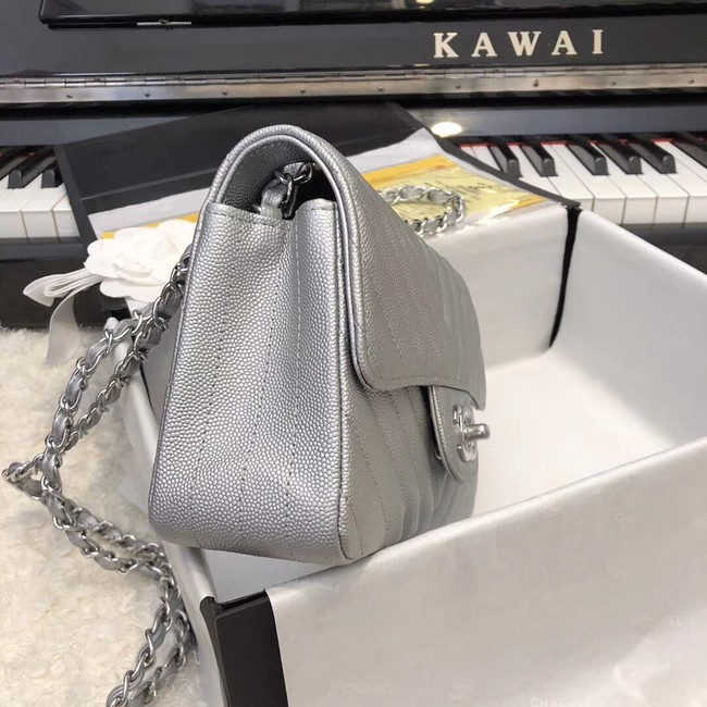 Chanel Small Classic Handbag Grained Calfskin & silver-Tone Metal A69900 silver