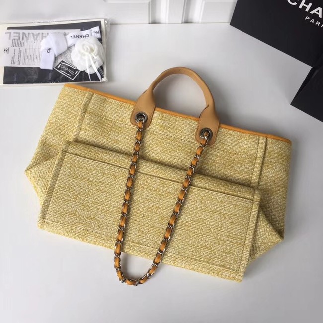 Chanel Original Tote Shopping Bag Canvas Calfskin & Silver-Tone Metal 92298 Yellow