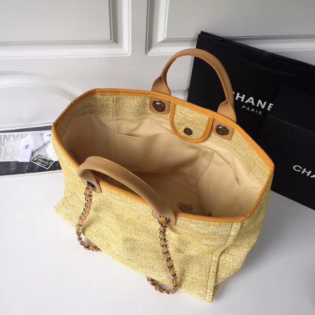 Chanel Original Tote Shopping Bag Canvas Calfskin & Silver-Tone Metal 92298 Yellow