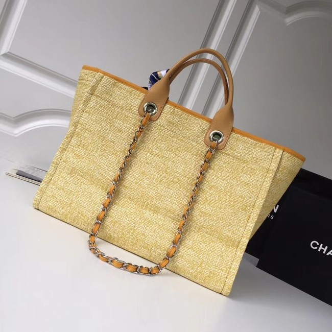 Chanel Original Tote Shopping Bag Canvas Calfskin & Silver-Tone Metal 92298 Yellow