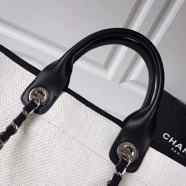 Chanel Original Tote Shopping Bag Canvas Calfskin & Silver-Tone Metal 92298 white