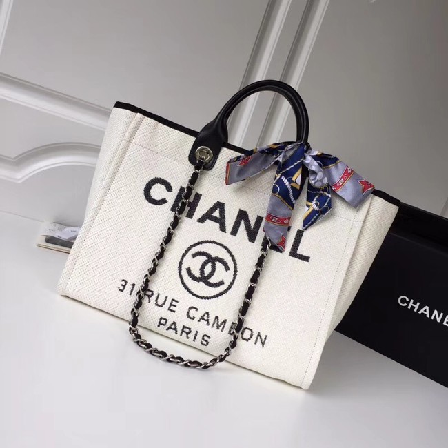 Chanel Original Tote Shopping Bag Canvas Calfskin & Silver-Tone Metal 92298 white