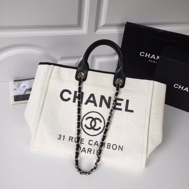 Chanel Original Tote Shopping Bag Canvas Calfskin & Silver-Tone Metal 92298 white