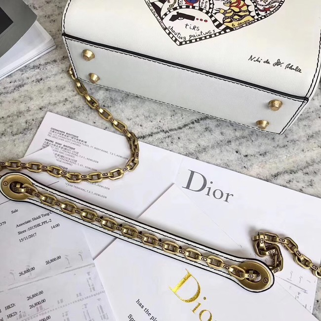 MINI LADY DIOR BAG WITH CHAIN IN WHITE SMOOTH CALFSKIN WITH NIKI DE SAINT PHALLE EMBROIDERY M927