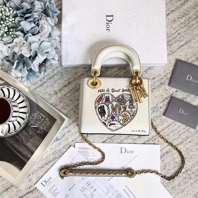 MINI LADY DIOR BAG WITH CHAIN IN WHITE SMOOTH CALFSKIN WITH NIKI DE SAINT PHALLE EMBROIDERY M927