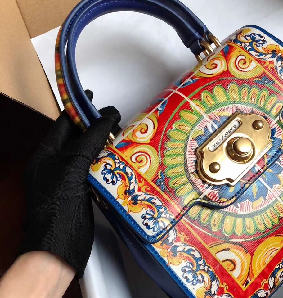 Dolce & Gabbana SICILY Chrysanthemum Calfskin Tote Bags 5588-2 blue