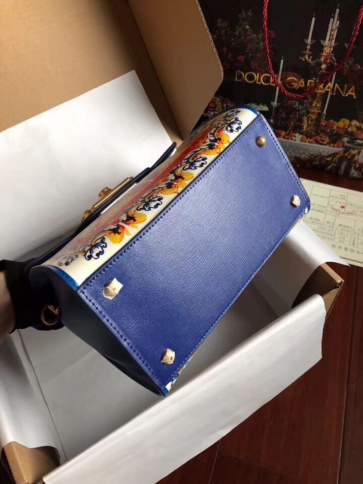 Dolce & Gabbana SICILY Chrysanthemum Calfskin Tote Bags 5588-2 blue