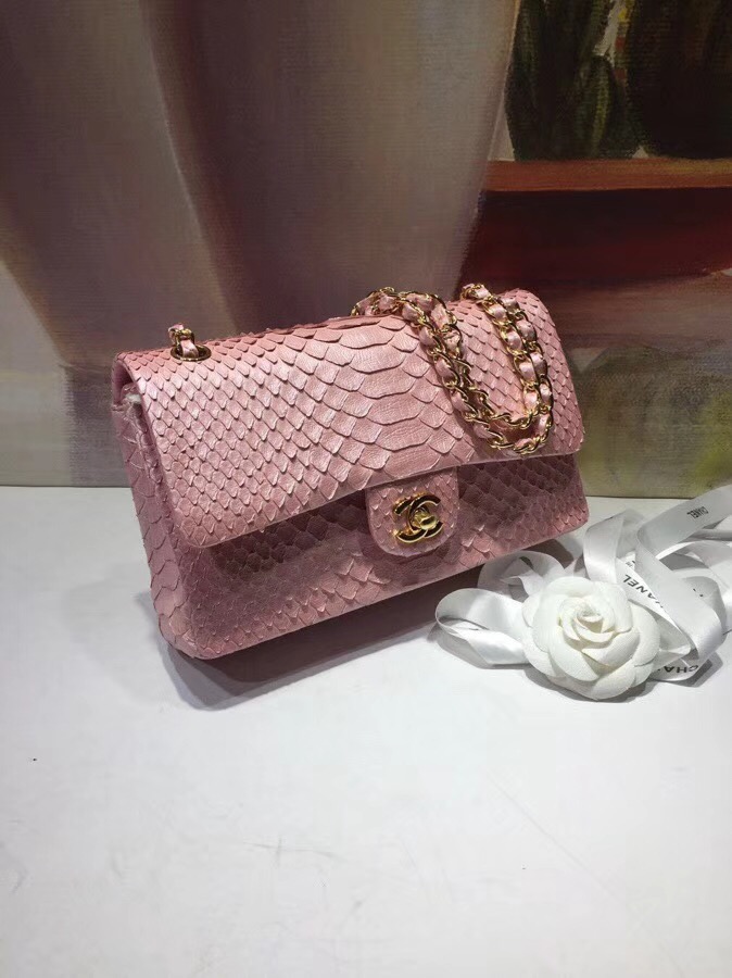 Chanel Classic Handbag Python & Gold-Tone Metal A01112 pink