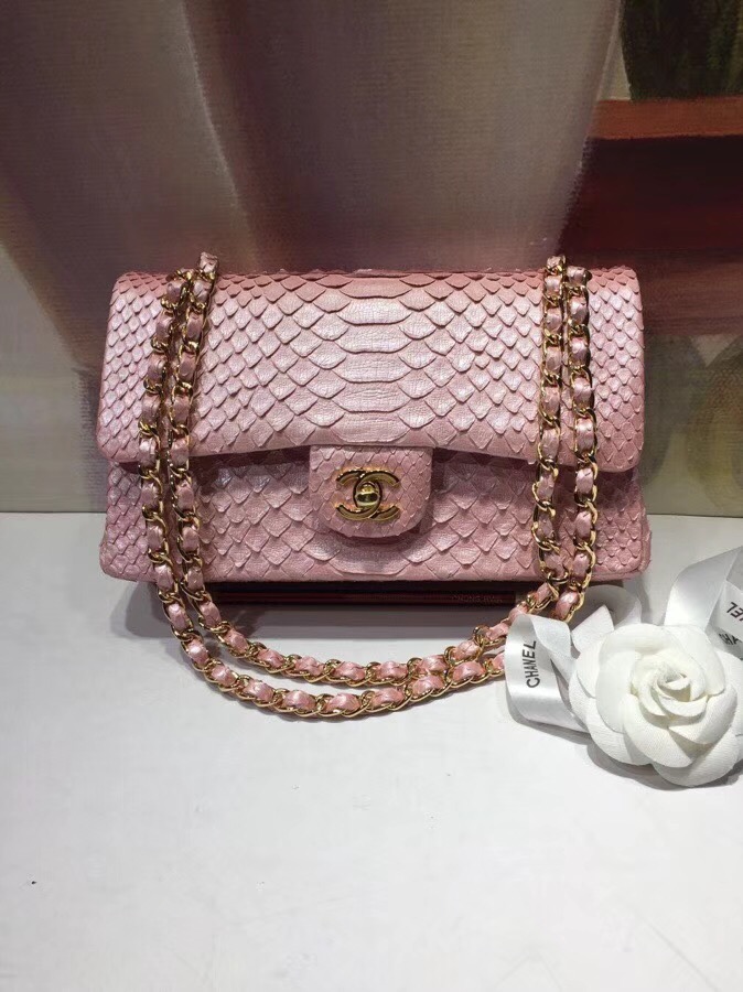 Chanel Classic Handbag Python & Gold-Tone Metal A01112 pink