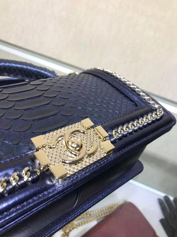 BOY CHANEL Flap Bag with Handle Python & Ruthenium-Finish Metal A94804 blue