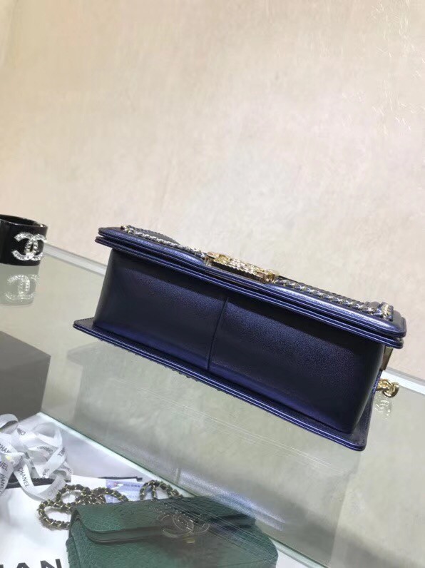 BOY CHANEL Flap Bag with Handle Python & Ruthenium-Finish Metal A94804 blue