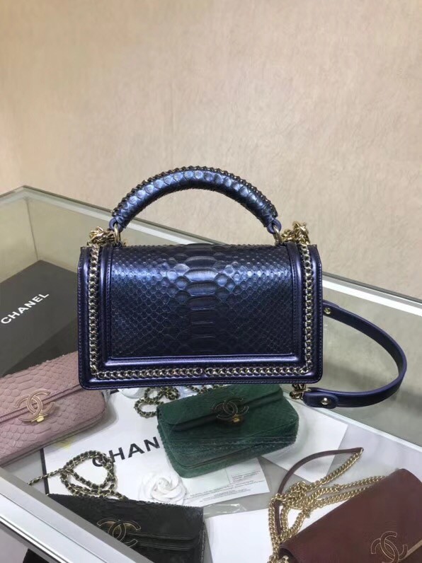 BOY CHANEL Flap Bag with Handle Python & Ruthenium-Finish Metal A94804 blue