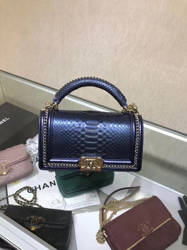 BOY CHANEL Flap Bag with Handle Python & Ruthenium-Finish Metal A94804 blue