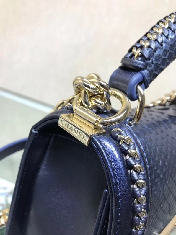 BOY CHANEL Flap Bag with Handle Python & Ruthenium-Finish Metal A94804 blue