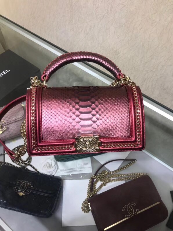 BOY CHANEL Flap Bag with Handle Python & Ruthenium-Finish Metal A94804 rose