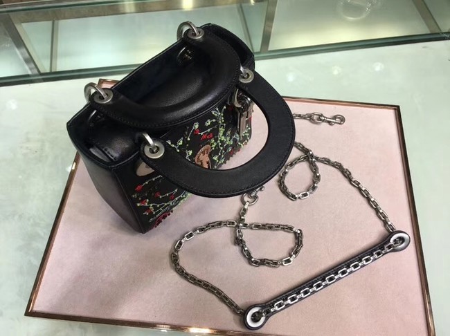 MINI LADY DIOR BAG IN BLACK SMOOTH CALFSKIN EMBROIDERED M920