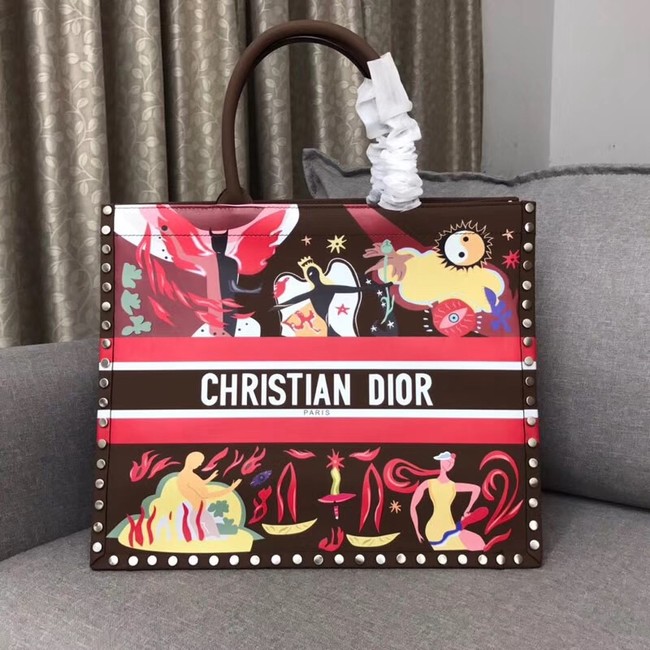 DIOR BOOK TOTE BAG IN MULTI-COLOURED CALFSKIN M1286 red&brown