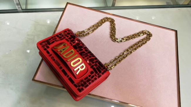 DIOR WITH CHAIN SMOOTH CALFSKIN EMBROIDERED WITH A MOSAIC OF MIRRORS M900 red