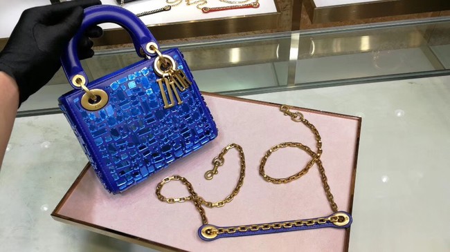 MINI LADY DIOR BAG WITH CHAIN SMOOTH CALFSKIN EMBROIDERED WITH A MOSAIC OF MIRRORS M0598 blue