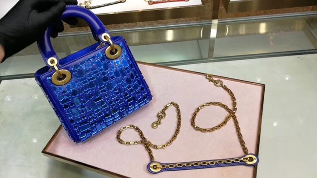 MINI LADY DIOR BAG WITH CHAIN SMOOTH CALFSKIN EMBROIDERED WITH A MOSAIC OF MIRRORS M0598 blue