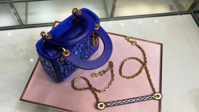 MINI LADY DIOR BAG WITH CHAIN SMOOTH CALFSKIN EMBROIDERED WITH A MOSAIC OF MIRRORS M0598 blue