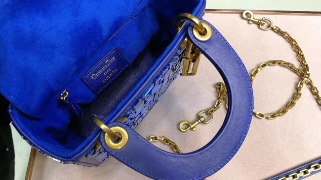 MINI LADY DIOR BAG WITH CHAIN SMOOTH CALFSKIN EMBROIDERED WITH A MOSAIC OF MIRRORS M0598 blue