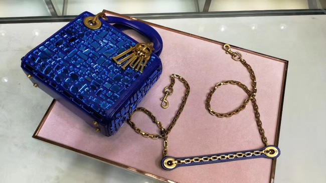 MINI LADY DIOR BAG WITH CHAIN SMOOTH CALFSKIN EMBROIDERED WITH A MOSAIC OF MIRRORS M0598 blue