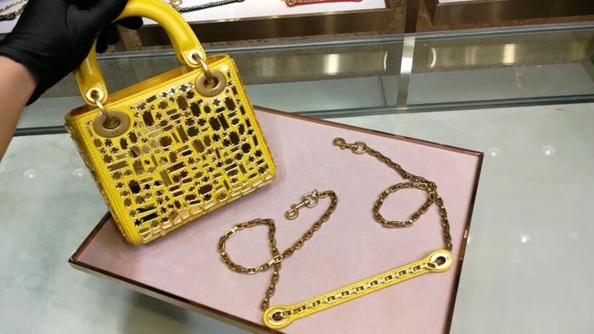 MINI LADY DIOR BAG WITH CHAIN SMOOTH CALFSKIN EMBROIDERED WITH A MOSAIC OF MIRRORS M0598 yellow
