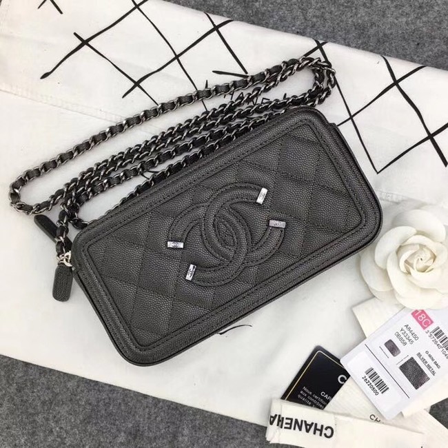 Chanel Classic Clutch with Chain Grained Calfskin & silver-Tone Metal A84450 dark grey