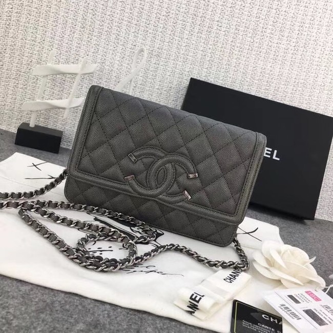 Chanel Classic Clutch with Chain Grained Calfskin & silver-Tone Metal A88447 dark grey