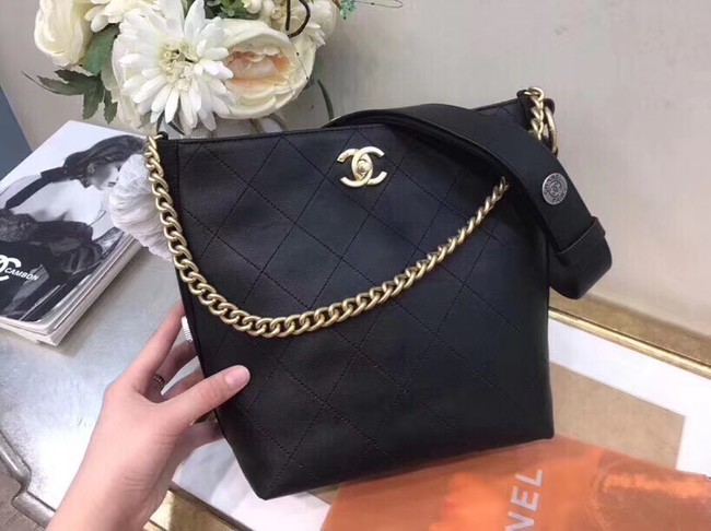 Chanel Hobo Handbag Calfskin Grosgrain & Gold Tone Metal A57576 black